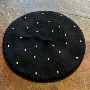 Vtg Black‎ Beret with Gold Studs